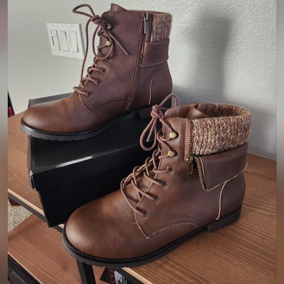 Brown Foldover Sweater Detail Combat Boot (WW) - Picture 2 of 5